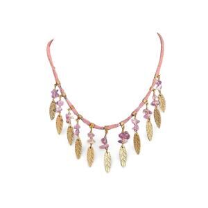 Boho Purple Suede Cord Necklace Purple Stone Chips Gold Feather Dangle Statement